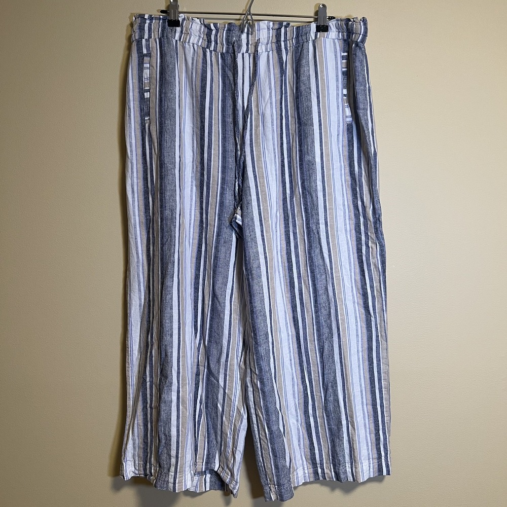 Zac & Rachel Women's Pants XL Blue Tan Striped Linen Blend Beach Resort Coastal